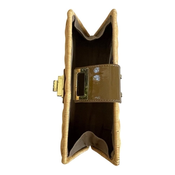 J.Crew Natural Rattan Tan Leather Strap Gold Turn Lock Clutch Bag NWOT - Picture 7 of 9